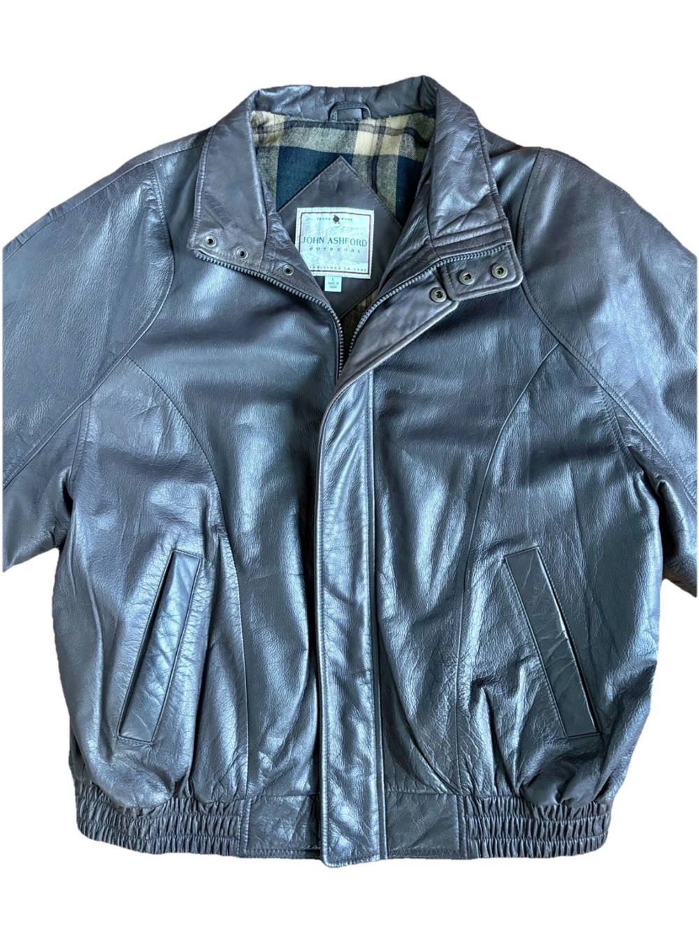 Vtg 80s 90s Leather Bomber Jacket Brown Aviator Flight Moto Zip Plaid Cinched LG